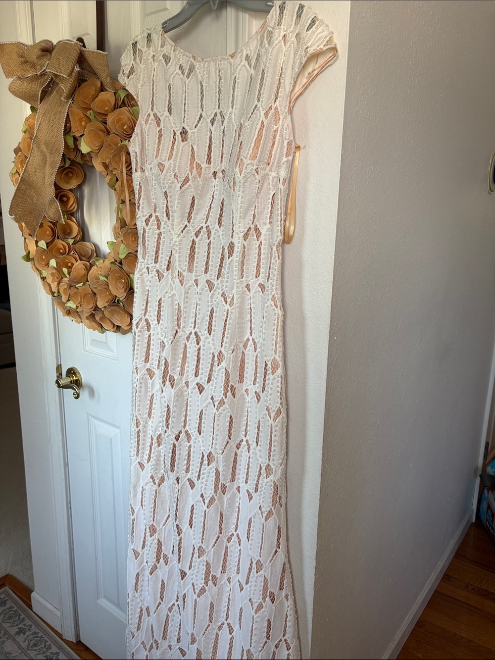 Jovani nude embellished lace pearl gown NWT